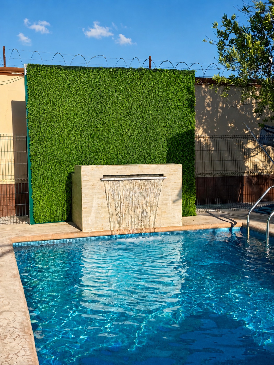Alberca privada con cascada entre las dos cabañas grandes de Cabañas Madison, San Buenaventura, Coahuila